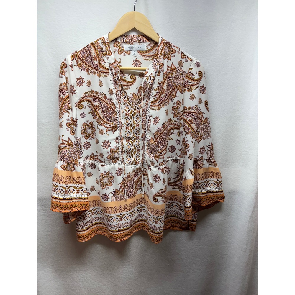 Fever Paisley Print Blouse Top Womens‎ Medium 3/4 Sleeve Tie Neck Boho Chic